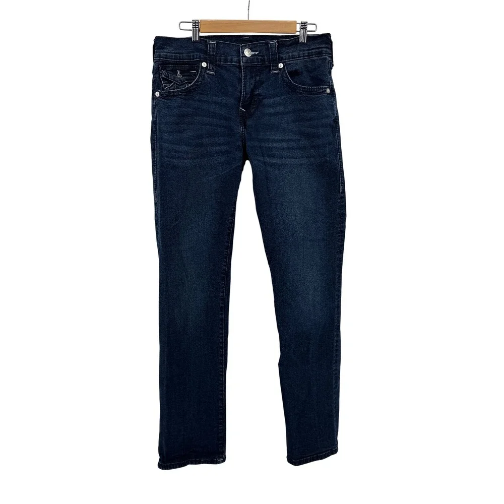 Mens True Religion Ricky Relaxed Straight Dark Wash Big T Flap Pocket 32x32